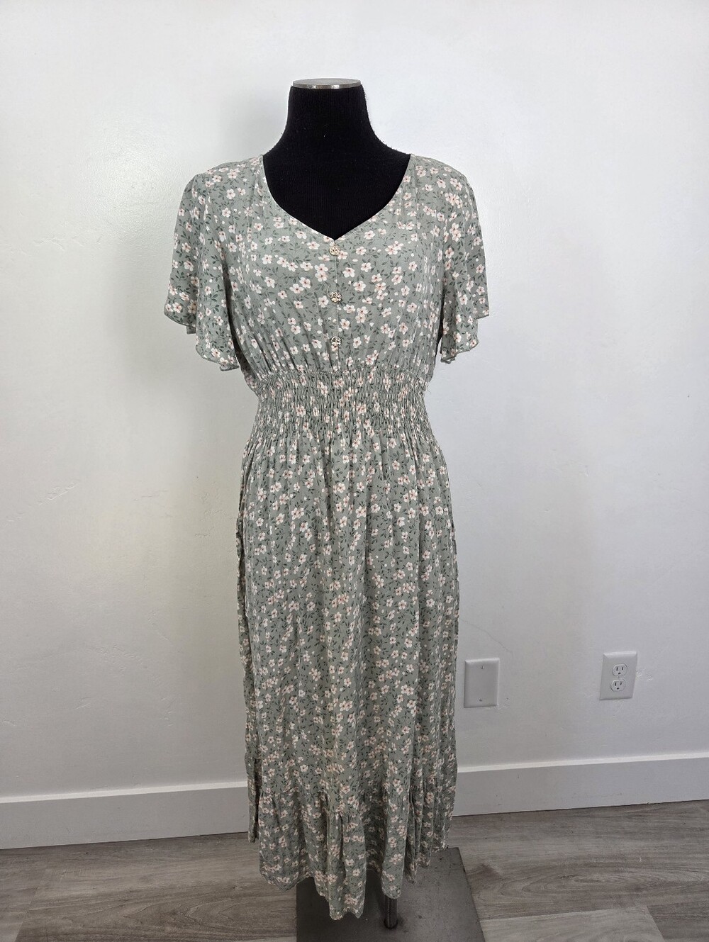 Green Floral Milkmaid Maxi Dress Cottagecore Ditsy Summer Tradwife Maiden Large